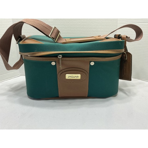 Jaguar Vintage Travel Vanity Case Forest Green Canvas Makeup Train Bag Brown Tri - Picture 2 of 13